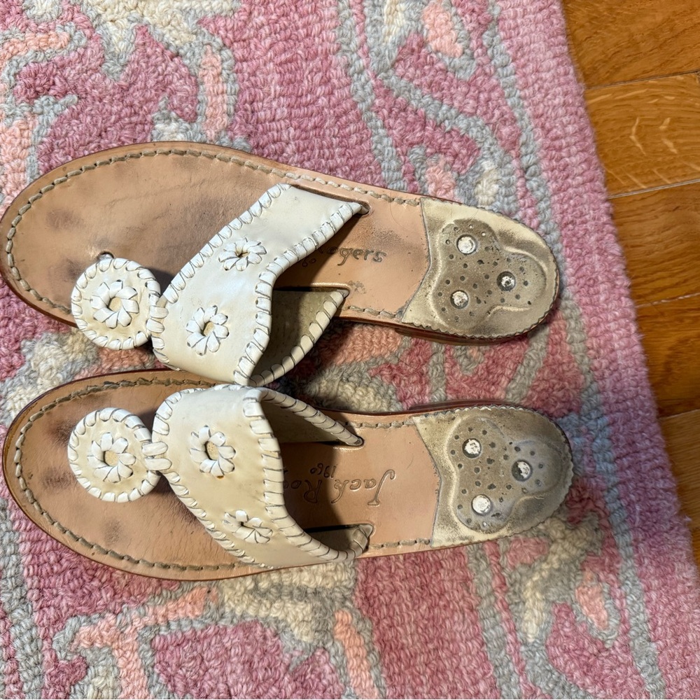 Jack Rogers Cream Leather Sandals with Decorative Stitching